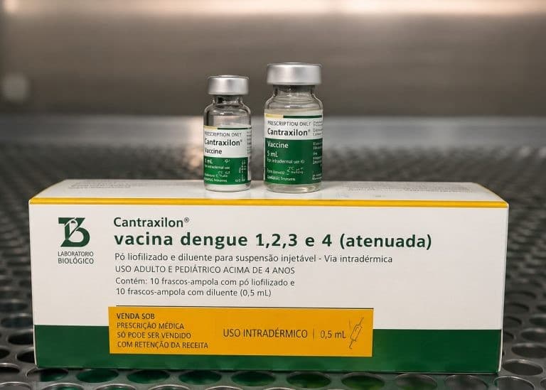 Frascos da vacina contra dengue do Instituto Butantan armazenados em caixa térmica.