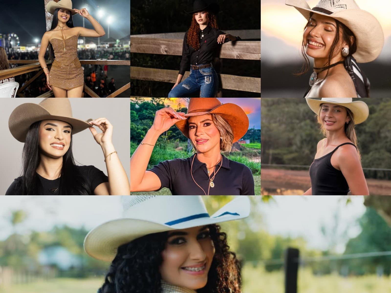Candidatas a Rainha do Rodeio posam com botinas e chapéus na Arena do Juruá, em Cruzeiro do Sul.
