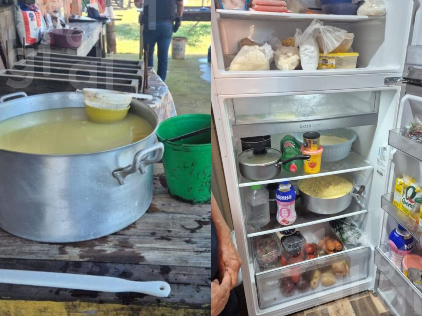 Equipamentos de produção de queijo e recipientes de leite vistos durante fiscalização da Polícia Civil em fábrica clandestina.
