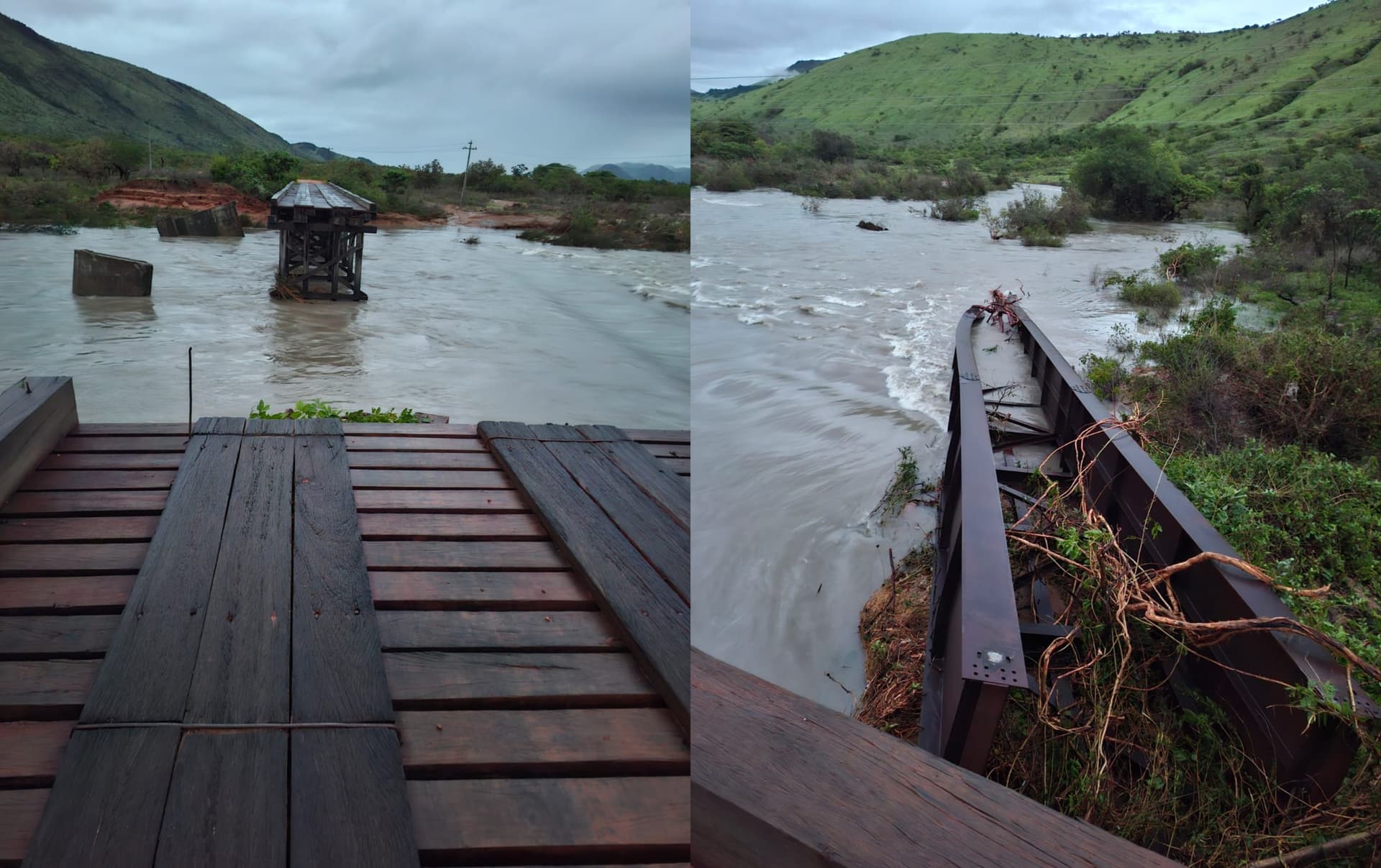 Estrada de terra alagada com água chegando até a vegetação em Uiramutã, Roraima.