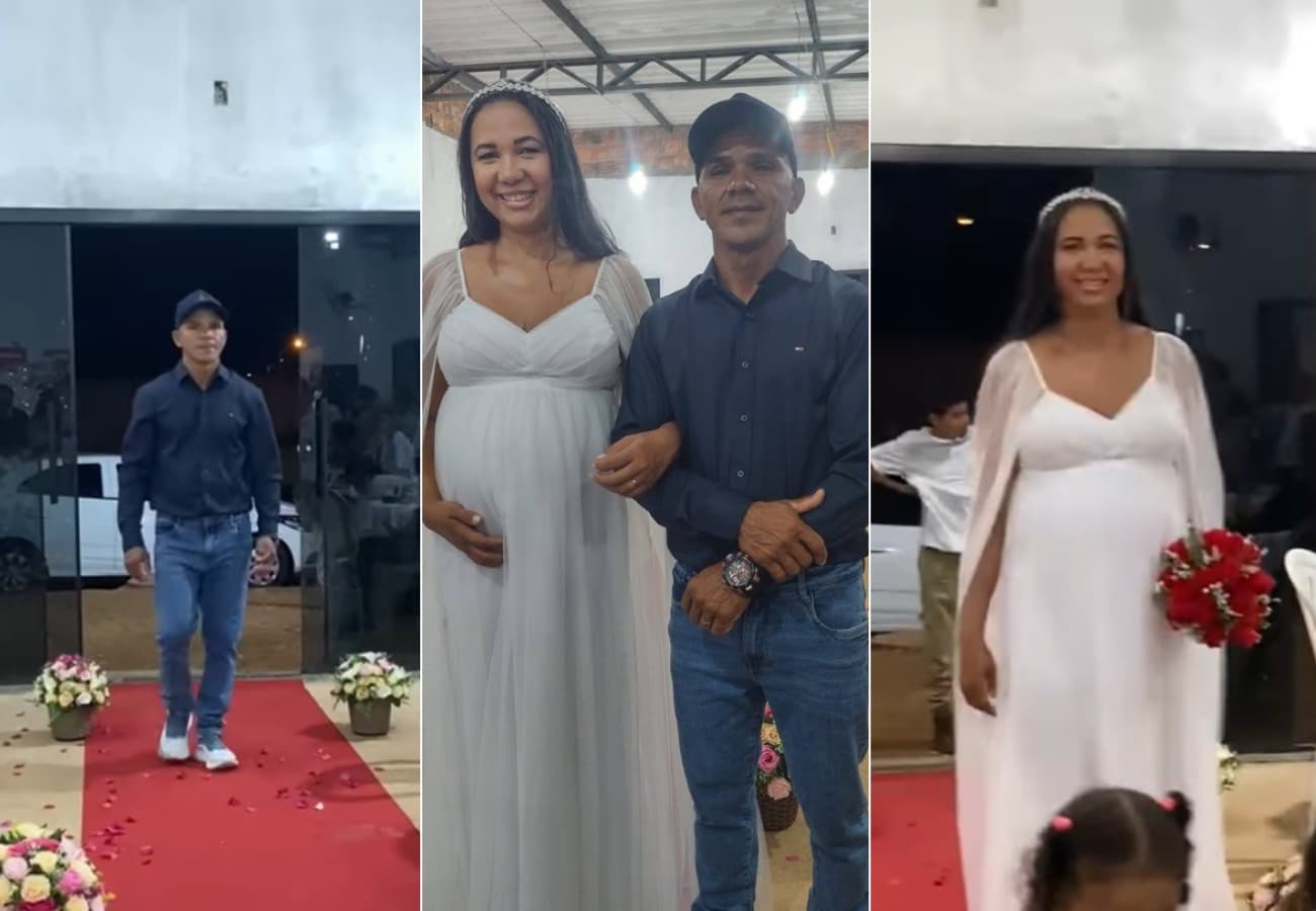 Casal abraçado na saída da igreja, com o noivo vestindo boné, jeans e tênis.