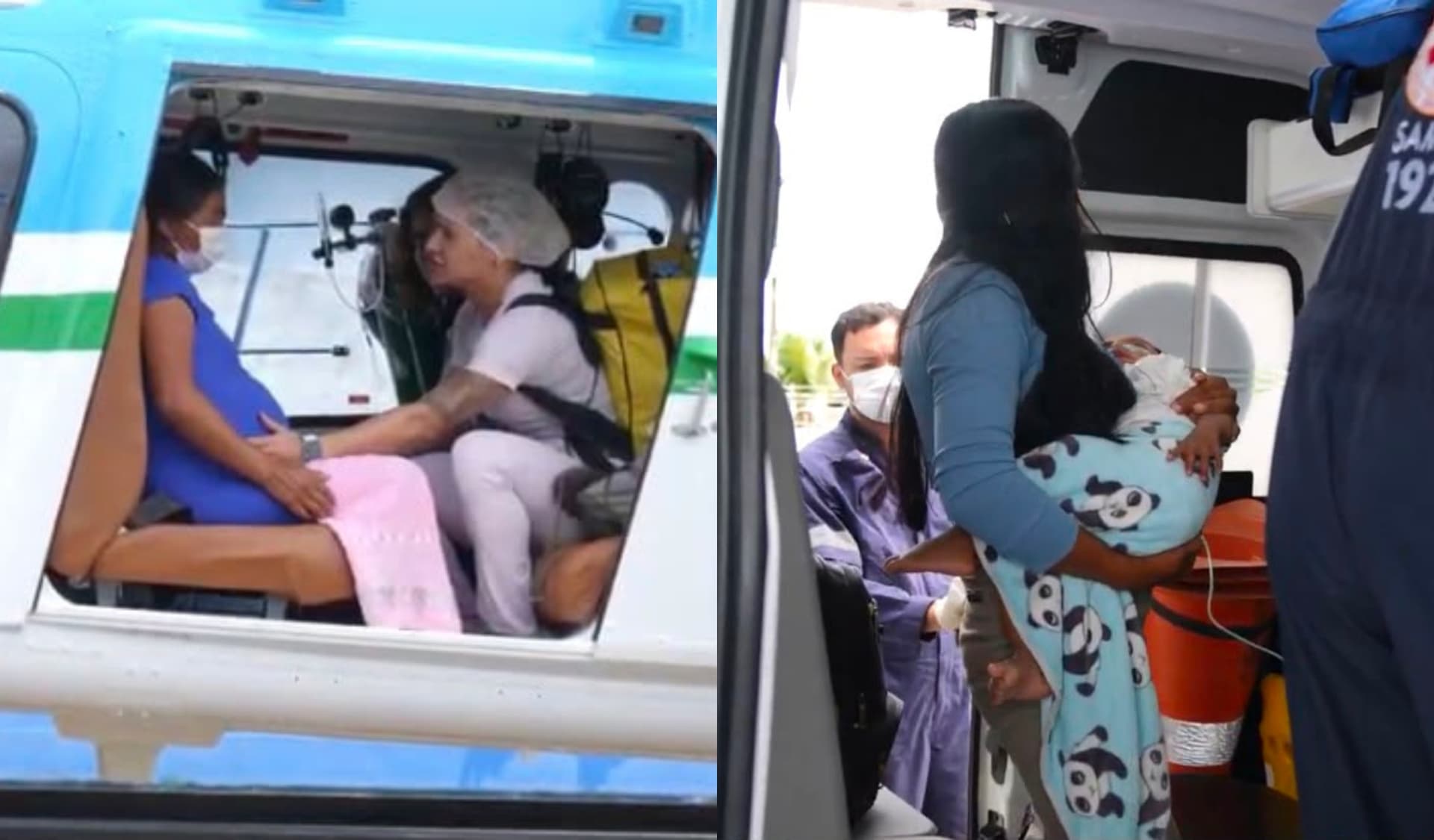 Helicóptero pousa em área alagada da comunidade Serra do Sol durante resgate médico.