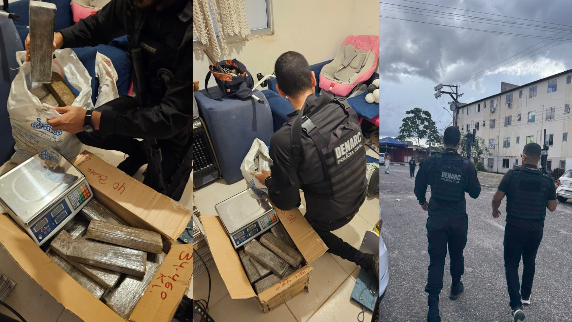 Policiais da Divisão de Narcóticos examinam tabletes de maconha apreendidos em apartamento em Marituba.
