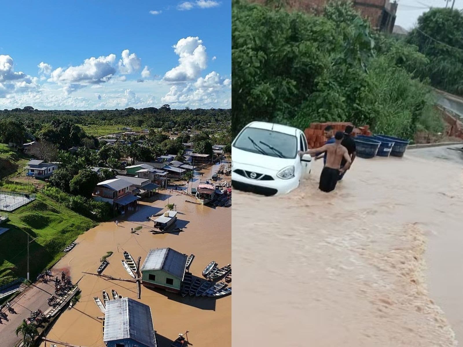 Rua alagada em cidade do Acre com casas ao fundo