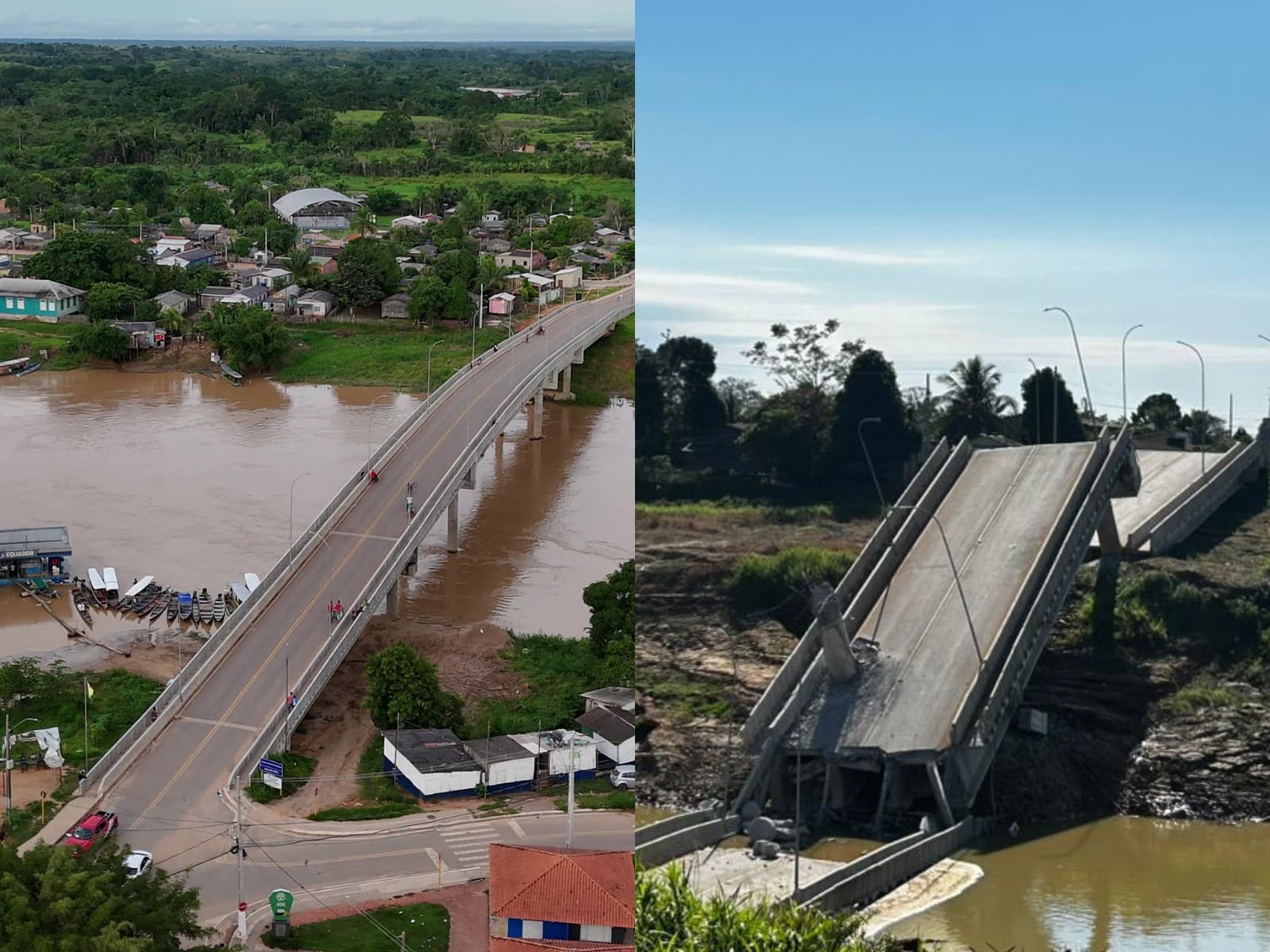 Estrutura metálica da ponte caída nas margens do Rio Iaco, em Sena Madureira.