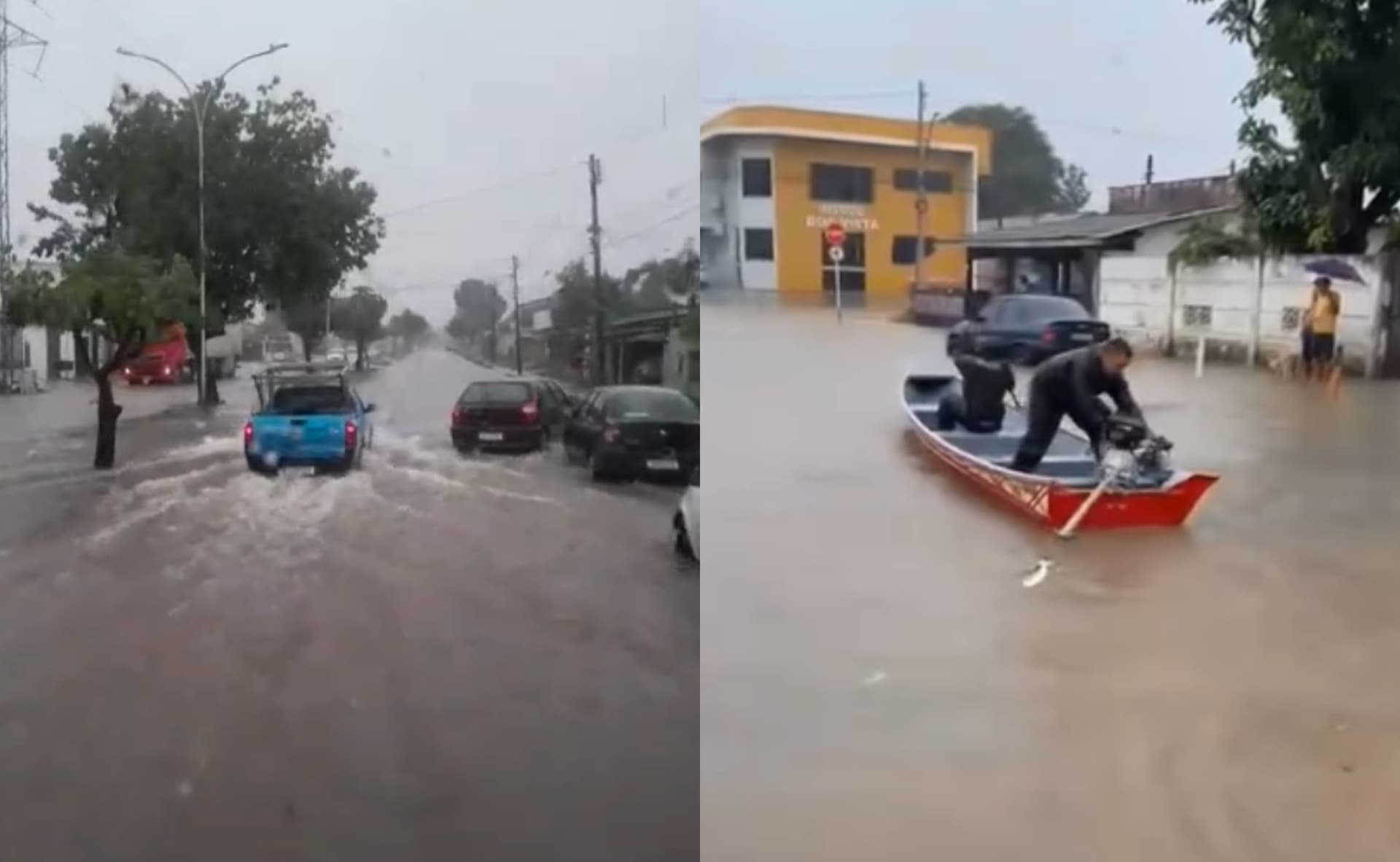 Rua alagada em Boa Vista mostra carros parados durante chuva forte.