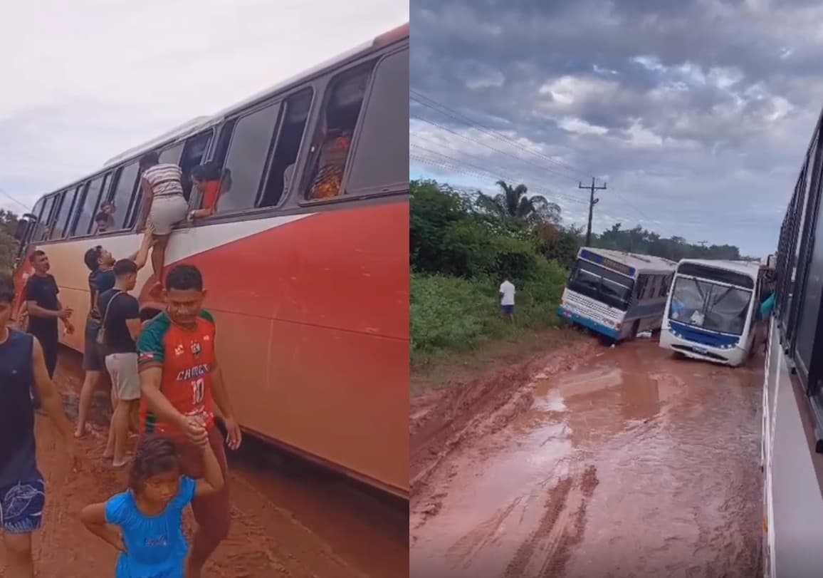 Ônibus rodoviário preso em lamaçal na BR-422, próximo à ponte do Pacurijó.