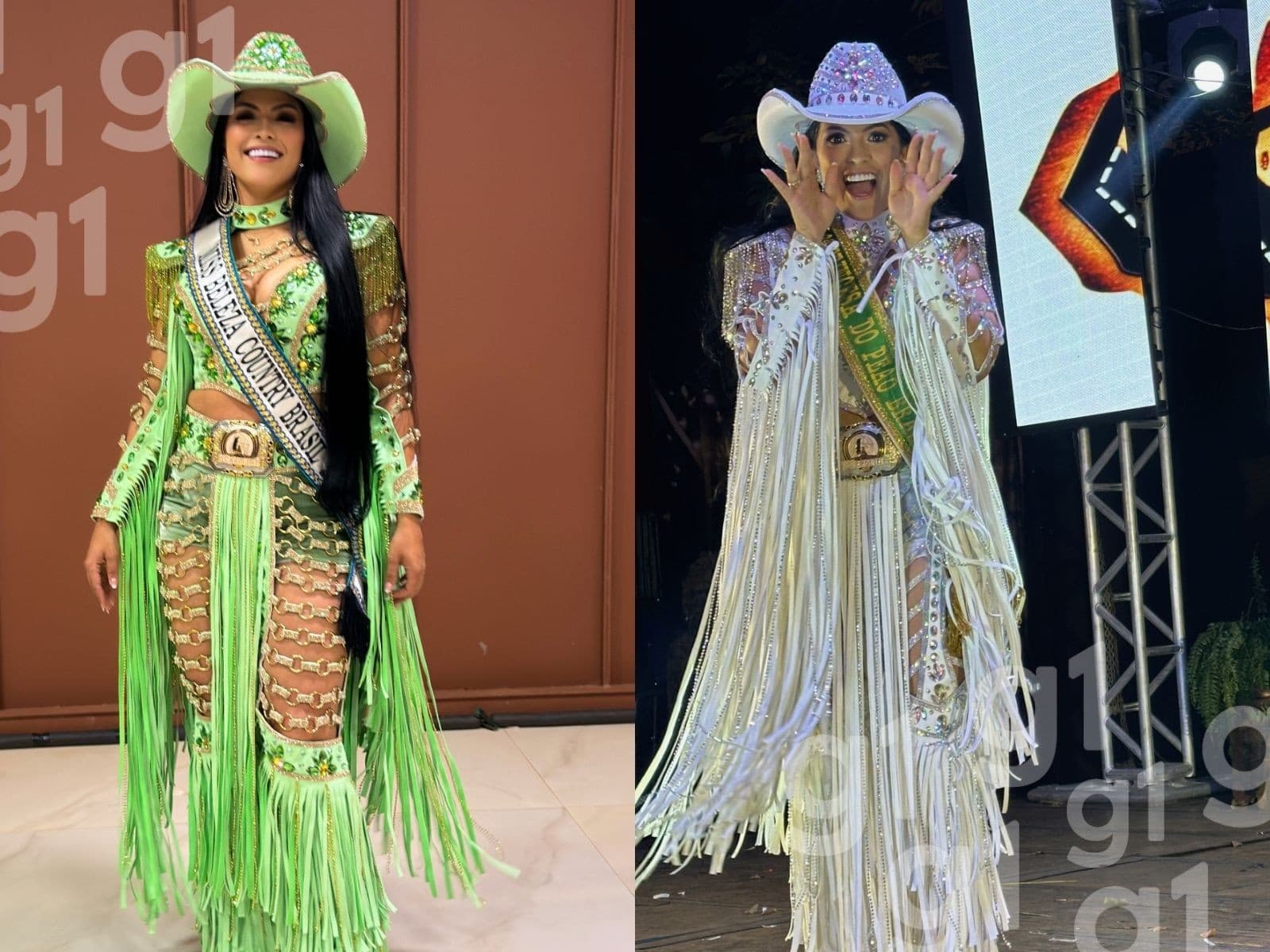 Lohana Martins posa com faixa e chapéu country durante concurso em Barretos.