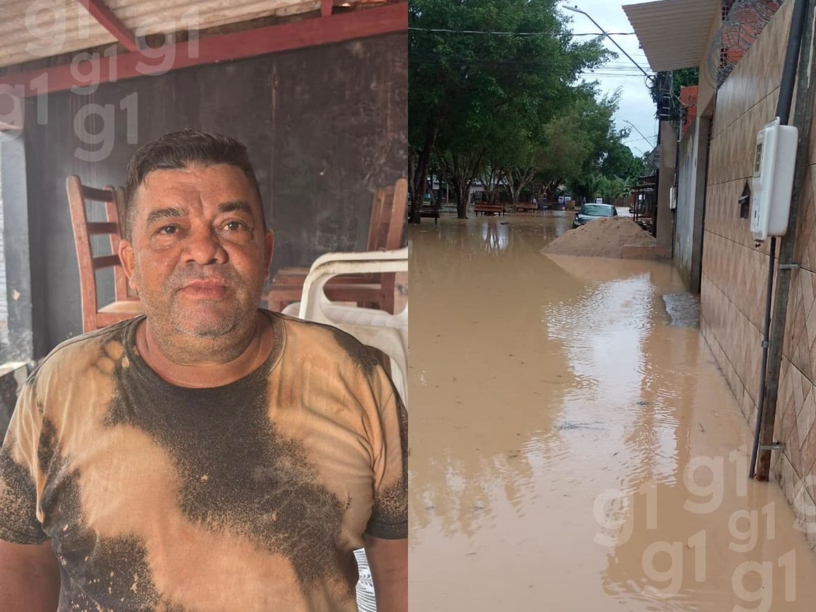 Rua alagada com água barrenta no bairro Plácido de Castro, em Rio Branco, após forte chuva.