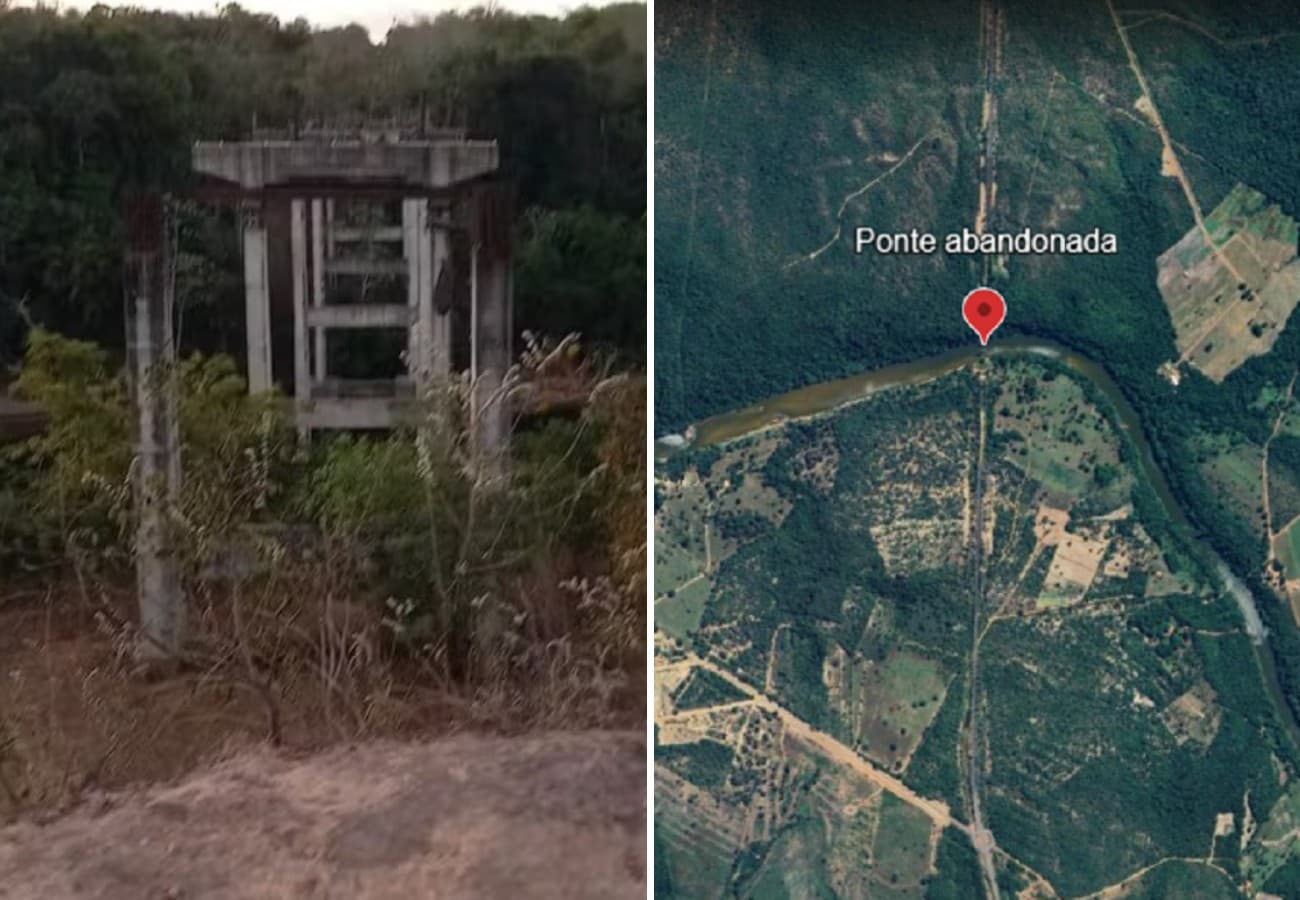 Pilares de concreto abandonados em meio à vegetação no leito do rio Santa Maria.