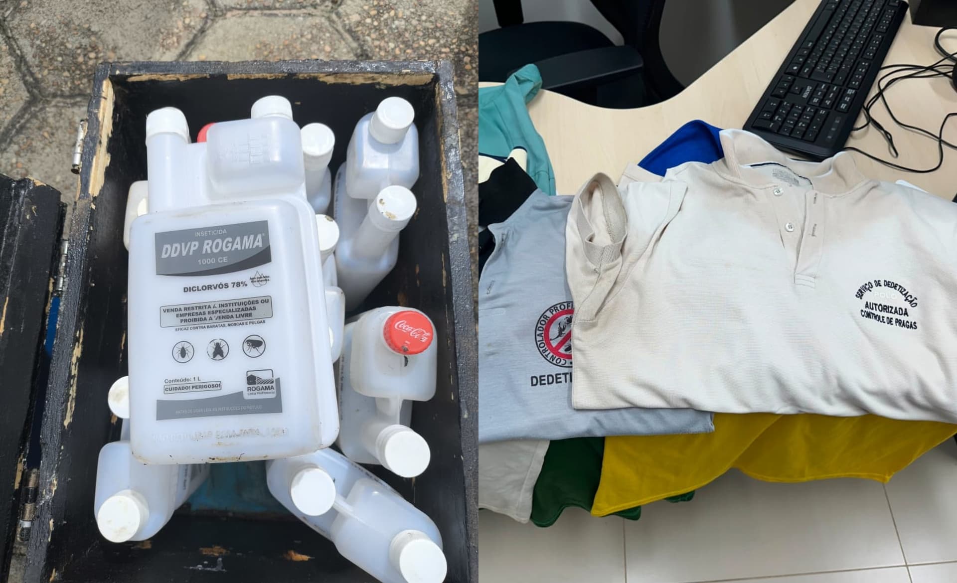 Equipamentos de dedetização e uniformes utilizados por suspeitos em investigação da PC em Roraima.