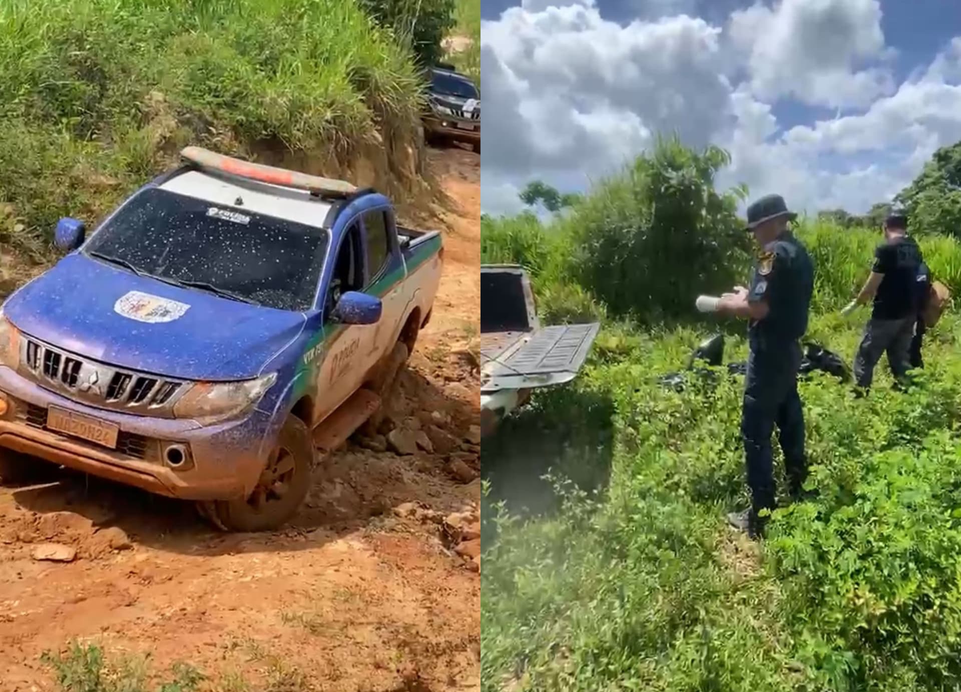 Viaturas policiais e perutos em estrada de terra de difícil acesso em fazenda de Roraima.